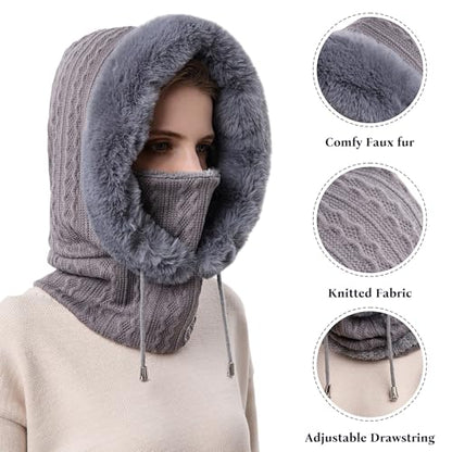 HUAMULAN Women Cable Knit Balaclavas Winter Fleece Lined Beanie Hat - color: Grey