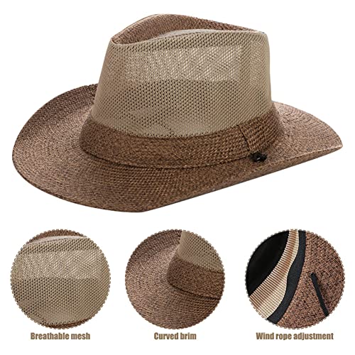 Wide Brim Straw Panama Hat Fedora Beach Sun Hat UPF50+ Unisex Fishing Hats - color: Brown