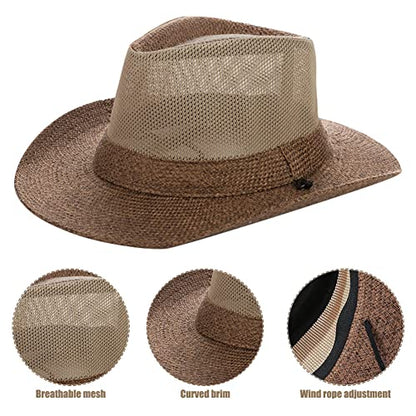 Wide Brim Straw Panama Hat Fedora Beach Sun Hat UPF50+ Unisex Fishing Hats - color: Brown
