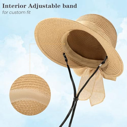 Pleneal Beach Sun Staw Hats for Women, UPF 50+ Foldable Wide Brim Sun Hat - color: Khaki - D