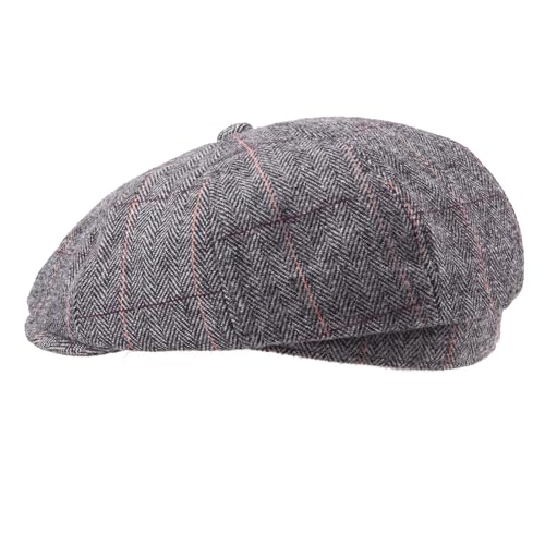 LADYBRO 8 Panel Newsboy Hats for Men Cap Irish Wool Blend Tweed, Adjustable - color: 003 Plaid Grey, size: 7 3/8-7 5/8