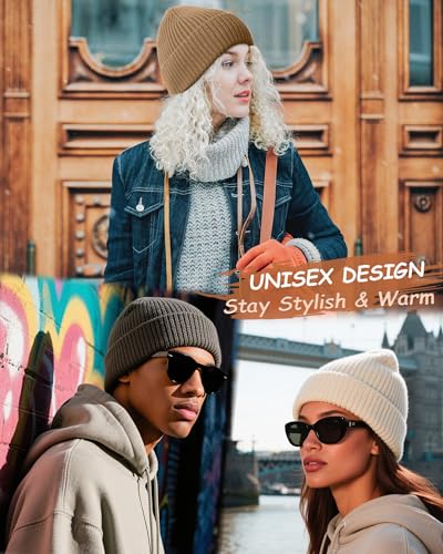 Wool Beanie for Men Women, Seamless Knit Cuffed Warm Winter Hats - color: 1pcs-light Coffee