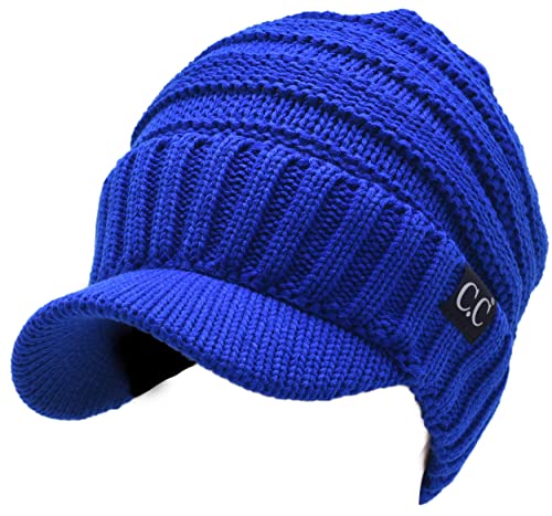 C.C Trendy Warm Oversized Chunky Soft Oversized Ribbed Slouchy Knit Hat with Visor Brim - color: Royal Blue