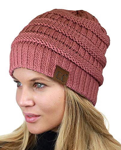 C.C Unisex Chunky Soft Stretch Cable Knit Warm Fuzzy Lined Skully Beanie - color: Mauve