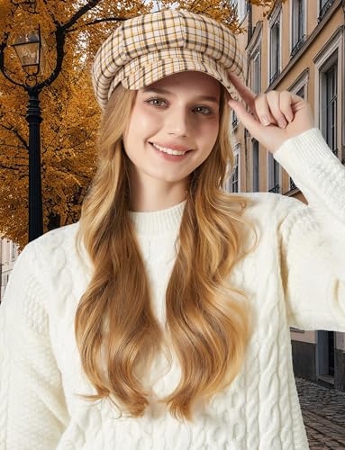 FEOYA Women Newsboy Hat Plaid Cabbie Caps Cotton Casual Stylish Beret Cap Paperboy Hats - color: Plaid-khaki
