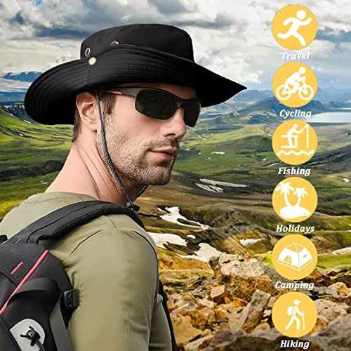 Sun Hats for Men Women, Fishing Hat UV Protection Wide Brim Bucket Hats Foldable Boonie Hat for Hiking Camping Safari - color: Black