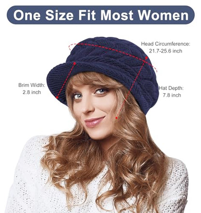 YSense 2 Pack Womens Winter Hats Warm Knit Beanie with Visor - color: Navy Blue Red