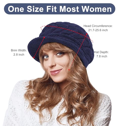 YSense 2 Pack Womens Winter Hats Warm Knit Beanie with Visor - color: Navy Blue Red