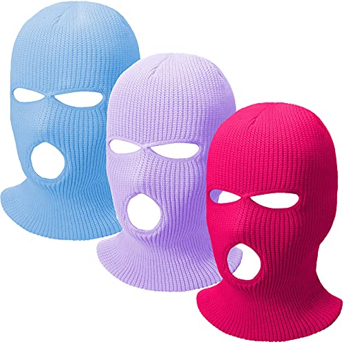 3 Pieces 3 Hole Ski Mask Knitted Full Face Cover Adult Balaclava Knit Ski Face Cover Thermal Knitted Head Wrap for Men Women - color: Light Purple, Light Blue, Rose Red
