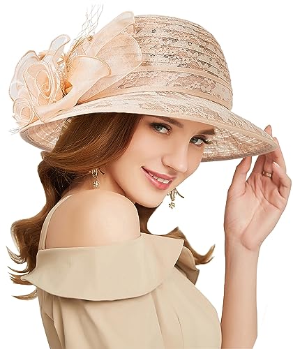 Women's Kentucky Derby Church Dress Hat Wide Brim Leaf Flower Bridal Shower Hat - color: R3 Lightbrown