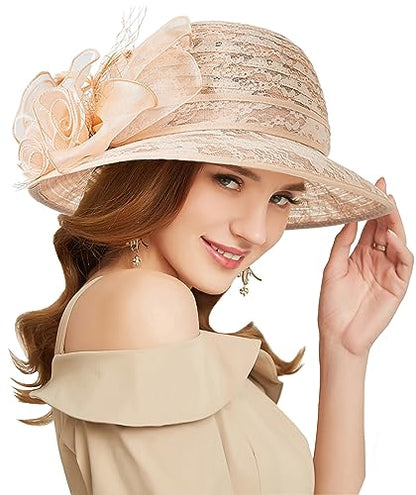 Women's Kentucky Derby Church Dress Hat Wide Brim Leaf Flower Bridal Shower Hat - color: R3 Lightbrown