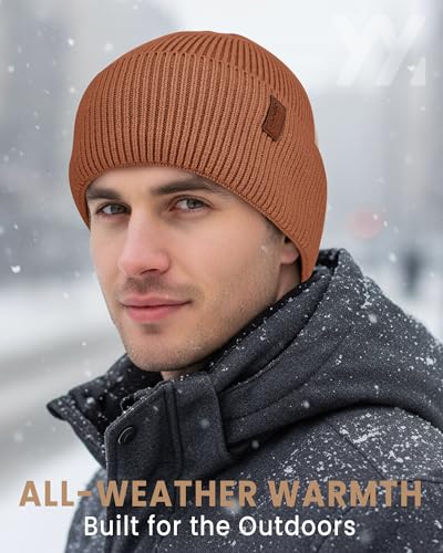 Fleece Lined Winter Beanie for Men Women Warm Windproof Beanies Hats Thick Knit Winter Hat for Cold Weather - color: Caramel
