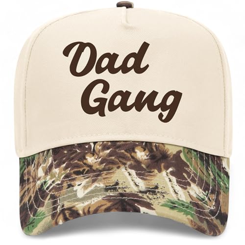 Dad Gang Vintage Trucker Hat | Classic Retro Hat for Dads | Premium Snapback Hat for Men - color: Woodland Camo/Natural