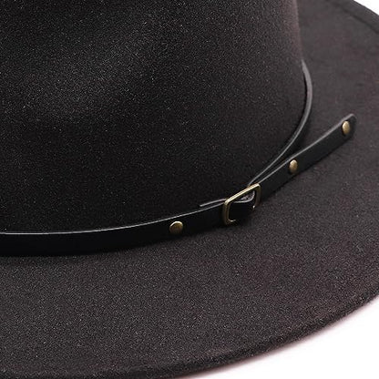 DRESHOW Women Classic Felt Fedora Wide Brim Floppy with Belt Buckle Panama Hat - color: 1 Pack: Felt Fedora Black