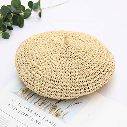 Women Summer Straw Woven Sunhat Classic Beret Artist Painter Sun Hat Cap - color: Beige