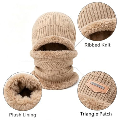 Khaki Knit Balaclava Hat Fleece Lined Winter Neck Warmer Set