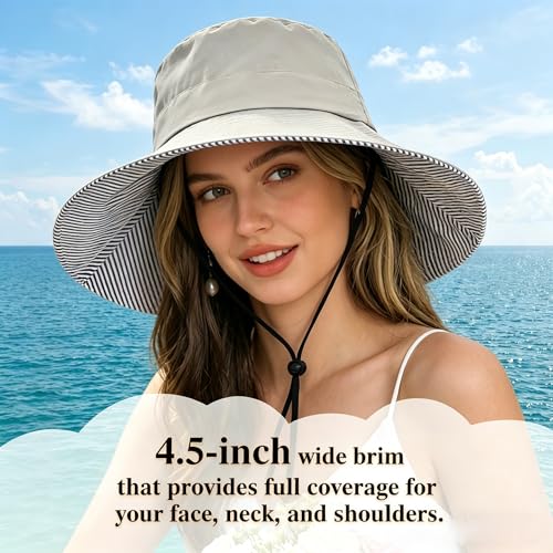 Womens Foldable Shapeable Brim Sun Hat UPF 50+ Cotton Wide Brim Beach Adjustable Chin Strap Hat Sun Protection Cap - color: Z-grey