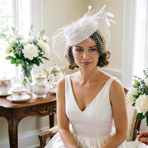 DRESHOW Fascinators Hat Feather Headband Women's Fascinators Tea Party Headwear with Clip Flower Head Band for Girls & Women - color: 6.25" / White