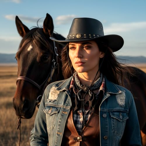 Equine Care Leather Cowboy Hat for Men & Women, Genuine Leather Western - color: Matte Black, size: 7 1/4-7 3/8