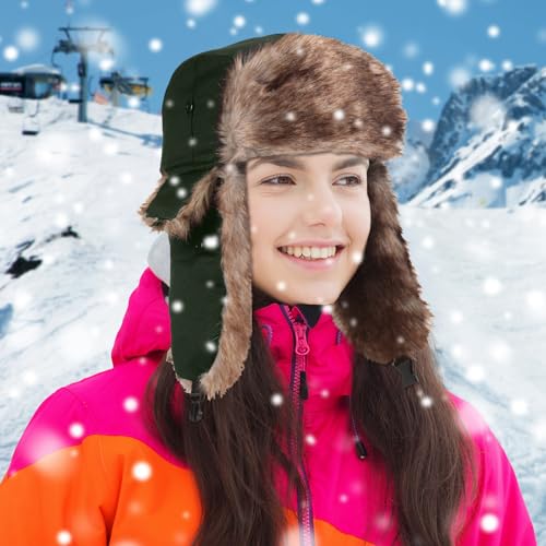 SATINIOR 1 Pcs Unisex Trapper Hat with Chin Strap Earflaps Hat - color: Dark Green
