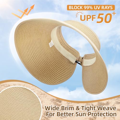 Sun Hats for Women Wide Brim Straw Sun Visors Ponytail Hat - color: Beige