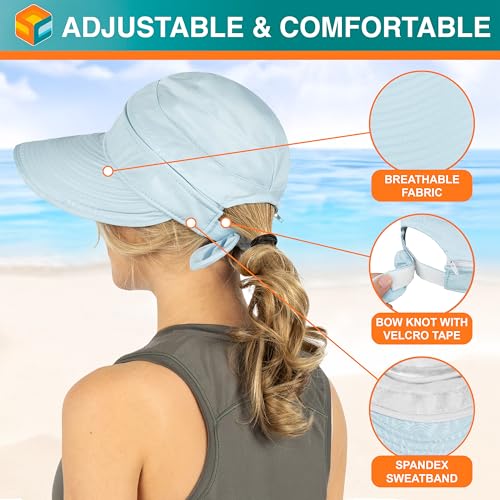 SUN CUBE Womens Sun Hat UV Protection Wide Brim Zip-Off Golf Visor - color: Light Blue