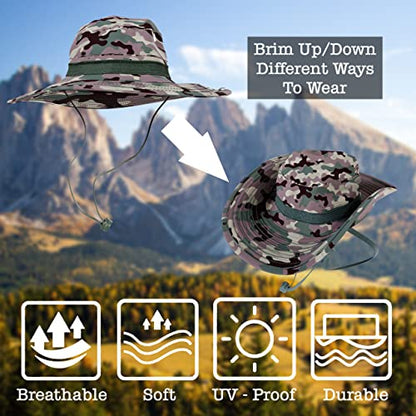 BaHoki Essentials Military Style Bucket Hat - Camo Outdoor Hat with Adjustable Strap - Wide Brim Safari Hat - style: Camo