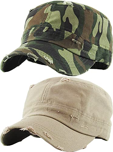 Funky Junque Vintage Newsboy Cap, Women's Cadet Cabbie Hat - color: 2 Pack: Distressed Khaki & Camo