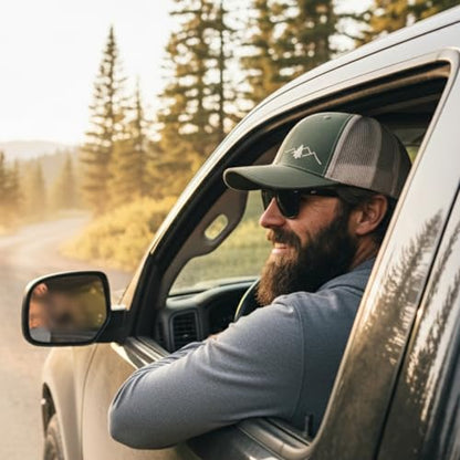LINDO Trucker Hat [ Great Outdoors Design ] for Men and Women: Mid Profile Cap with Breathable Mesh Back and Adjustable Snap - color: Green/Beige