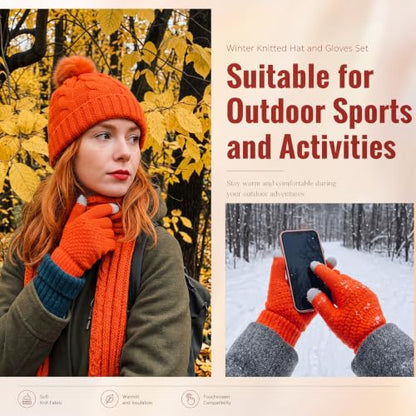 Womens Winter Fleece Lined Knitted Beanie Hat Glove Set, Warm Pom Pom Beanie Knit Cap Touchscreen Gloves for Women - color: Orange