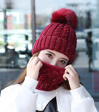 IYEBRAO Womens Winter Knit Beanie Hat and Scarf Set Girls Cute Slouchy Thick Fleece Lined Ski Hat Warm Skull Cap with Pom - color: Wine Red