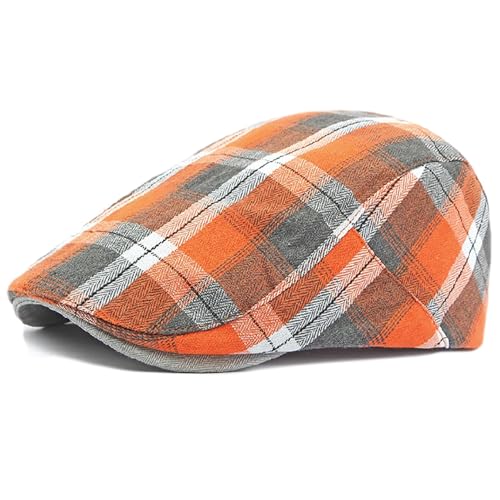 Mens Plaid Newsboy Flat Cap Ivy Gatsby Driving Hunting Cabbie Hat - color: Orange-plaid a