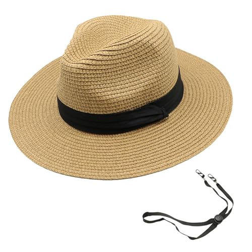 Womens Mens Wide Brim Straw Panama Hat Beach Sun Hat Summer Wide Brim Straw Roll up Hat Fisherman's UPF 50 - color: Khaki