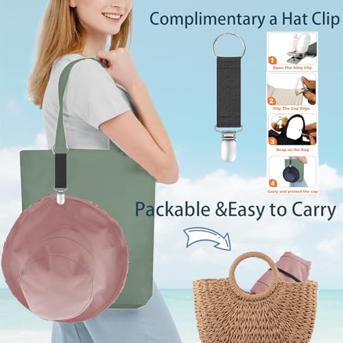 vidsel Womens Sun Hats Wide Brim Reversible Bucket Cotton Hat with Hat Clip - color: Pink, size: Medium