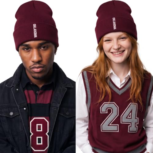 Daxton Vertical USA Cities Cuffed Beanie, Winter Knit Hat Skully Cap for Men Women, City Pride Daily Headwear - color: Oklahoma Burgundy White