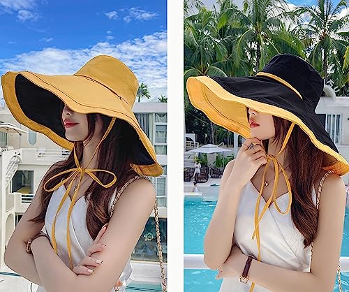 HUAMULAN Women Summer Vacation Wide Brim Sun Hat Reversible Fishing Hats - color: Yellowblack