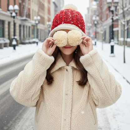 HUAMULAN Women Winter Sherpa Knit Beanie Hat Fleece Lined Ear Flaps - color: Red Beige
