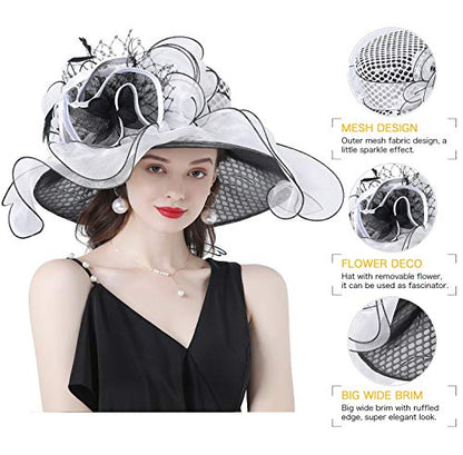 Z&X Women Organza Church Derby Hat Wide Brim Sun Hats for Wedding Tea Party Fascinator Hat, Dual-use - color: 2001- Black and White