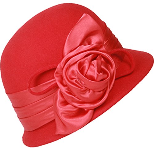 CL1489 Marilyn Vintage Style Wool Cloche Bucket Winter Hat with Satin Flower - color: Red