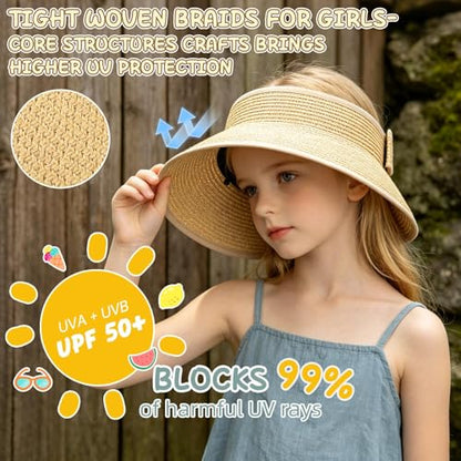 Girls Sun Visor Hat with Ponytail Hole Wide Brim Beach Straw Visor UPF 50+ - color: 1pack-beige