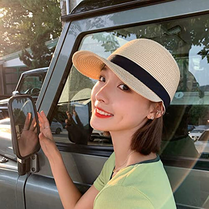 Summer Visor Hats for Women Foldable Floppy Solid Color Straw Sun Hat Travel Beach Baseball Cap - color: Beige