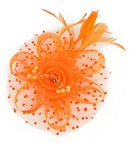 Fascinators Hat for Women Tea Party Headband Kentucky Derby Wedding Flower Cocktail Mesh Feathers Hair Clip - color: 1-orange