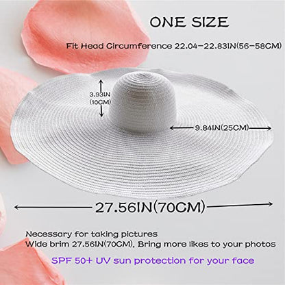 Oversized Beach Hat Women, Extra Wide Brim Foldable Straw Floppy Sun Hat - color: White