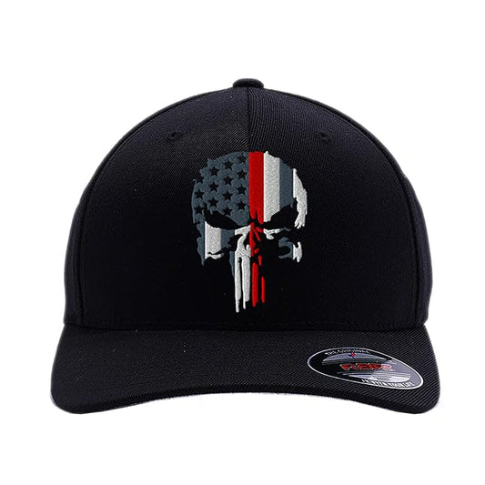 G&B Red Thin Red/Blue Line Spartan Helmet & Distressed Skull Flex Baseball Cap. Embroidered. 6277/6477 Flex Baseball Hat - color: Black-3, size: Large-X-Large
