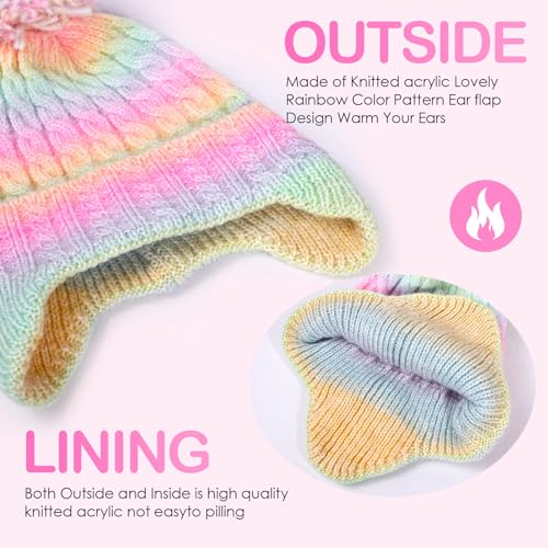 Girls Rainbow Earflap Beanie, Kids Pom Pom Knit Winter Ski Hat Ages 3-8 - color: Pompom - Rainbow