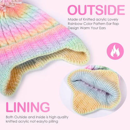 Girls Rainbow Earflap Beanie, Kids Pom Pom Knit Winter Ski Hat Ages 3-8 - color: Pompom - Rainbow