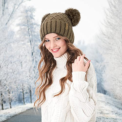 Arctic Paw Womens Winter Hat Cable Knit Beanie for Women Faux Fur Pompom Ears - color: Khaki Hat Coffee Ball
