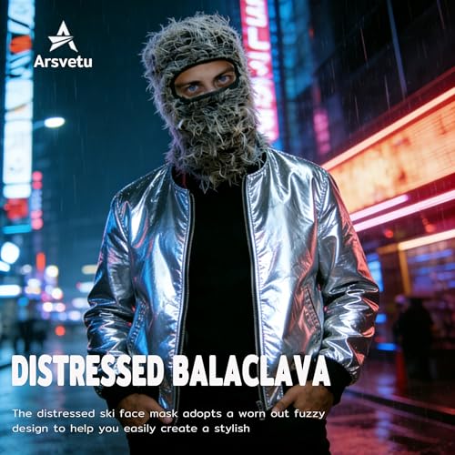 Distressed Ski Mask Balaclava, Yeat Shiesty Knitted Full-Face Mask - color: Blackash