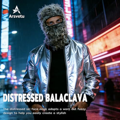 Distressed Ski Mask Balaclava, Yeat Shiesty Knitted Full-Face Mask - color: Blackash
