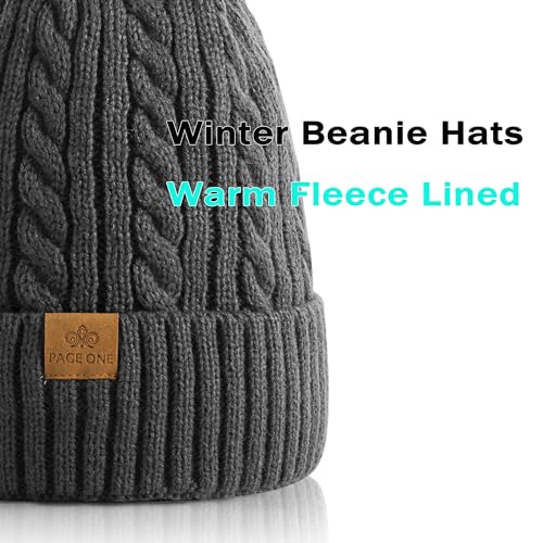 PAGE ONE Women Winter Pom Pom Beanie Hats Warm Fleece Lined Knit Hat Chunky Trendy Cute Cap - color: Dark Grey-1